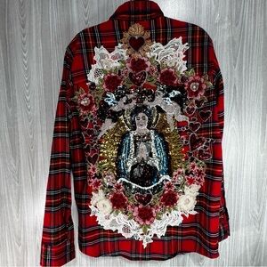 Pachamama Bohemian Flannel Angels Blessing Mother‎ Mary Shirt Sequin Embroider S